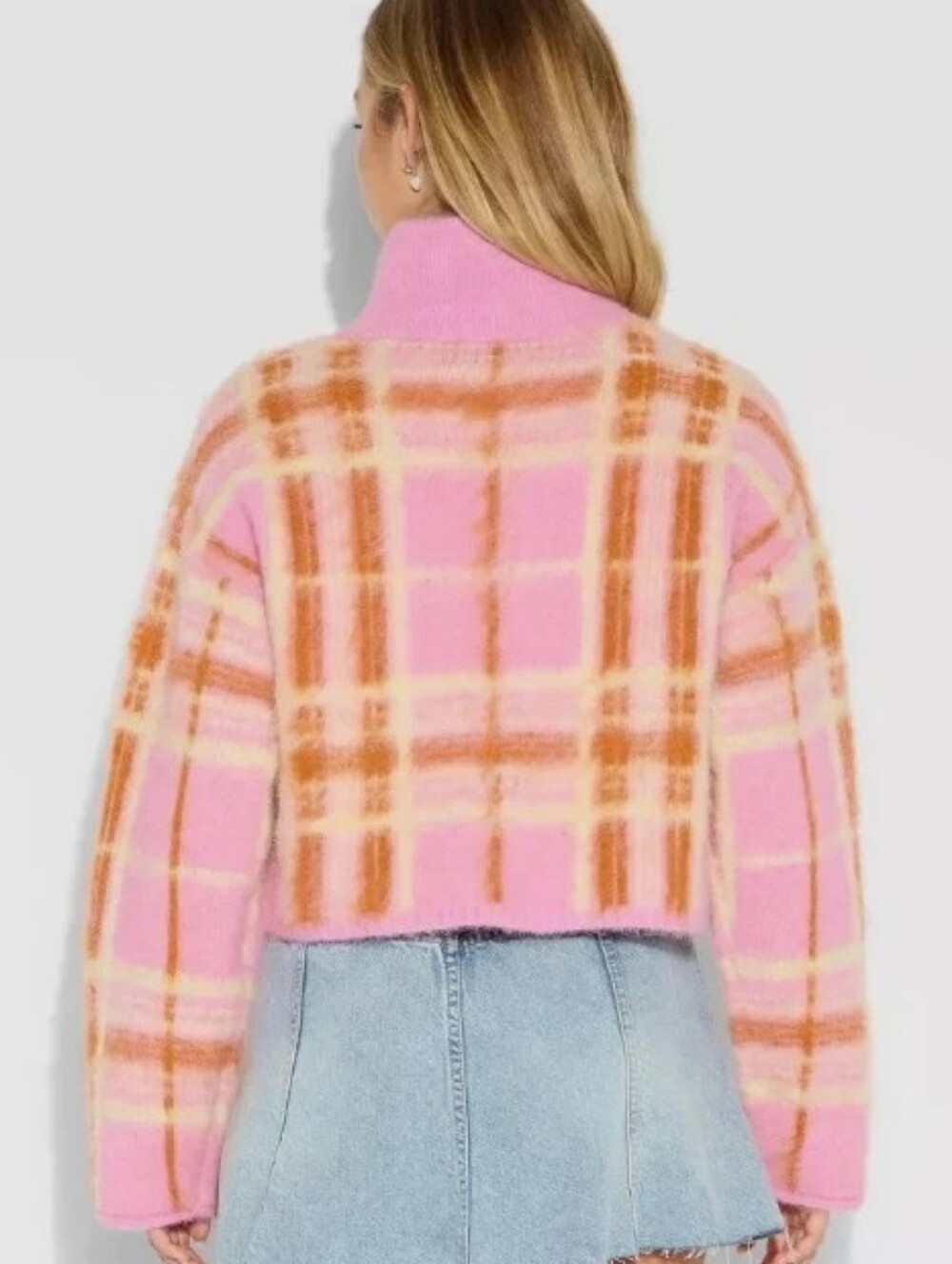 Wild Fable fuzzy knit pink orange plaid mock neck full-zip sweater Size XS NWOT - Picture 2 of 8